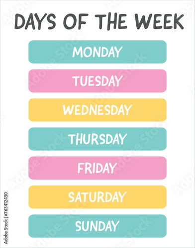 Days of the week, lettering inscription handwriting stickers with days for planer, scrapbooking, bullet journal. Learning days of the week poster for classroom, kids, preschool, kindergarten, playroom