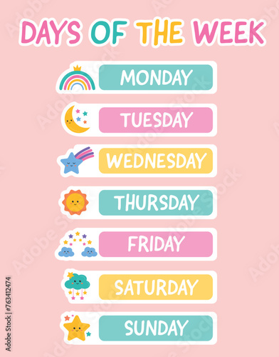 Days of the week, lettering inscription stickers with days for planer, scrapbooking, bullet journal. Learning days of the week poster for classroom, kids, preschool, kindergarten, playroom.