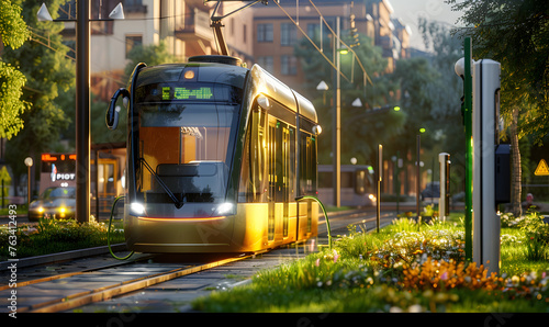 Fast charging of new energy in tram charging, on the clean background.