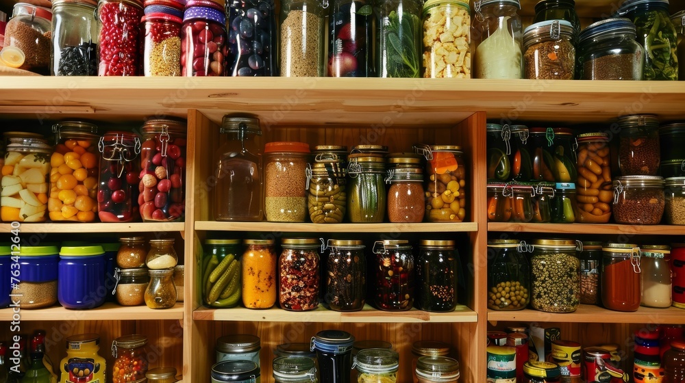 Obraz premium Kitchen pantry storage room for home supplies organized with food containers and glass jars