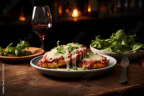 Plates of chicken parmigiana presented with a glass of red wine