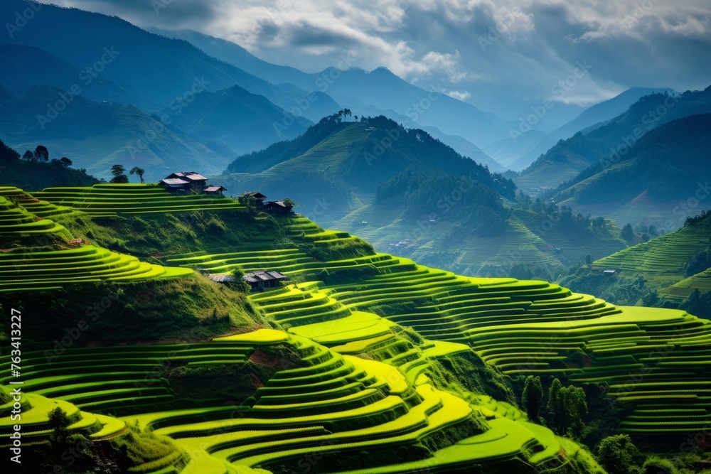 Rolling hills adorned with terraced paddy fields, capturing the beauty of agriculture