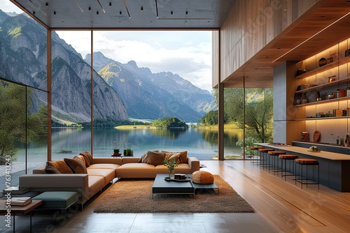 a modern and luxurious open-plan living room and kitchen interior with a view of a lake and alpine landscape, lodge style photo