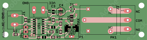 Vector printed circuit board of electronic 
device with components of radio elements, 
conductors and contact pads placed on it. 
Engineering drawing.