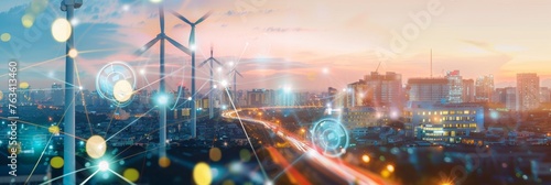 AI interface in urban skyline with wind turbines symbolizing smart city solutions for a sustainable future photo