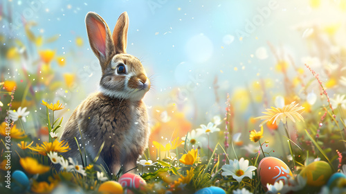 Cute Easter bunny with colorful eggs on a spring nature background, perfect for holiday and seasonal use.