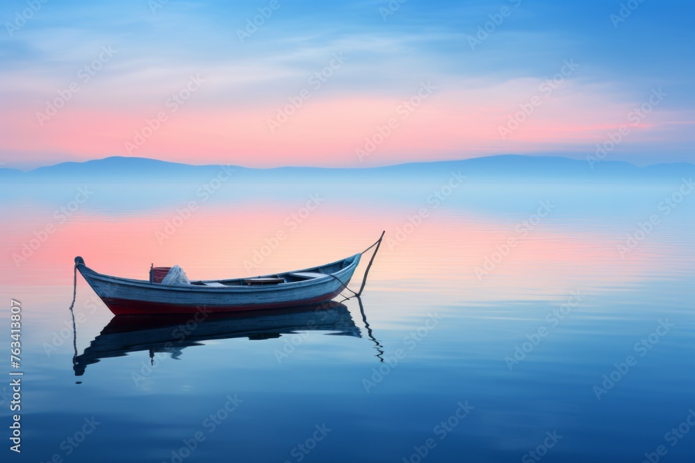 Serene water scene with a lone boat floating on a calm sea Serene water scene with a lone boat floating on a calm sea