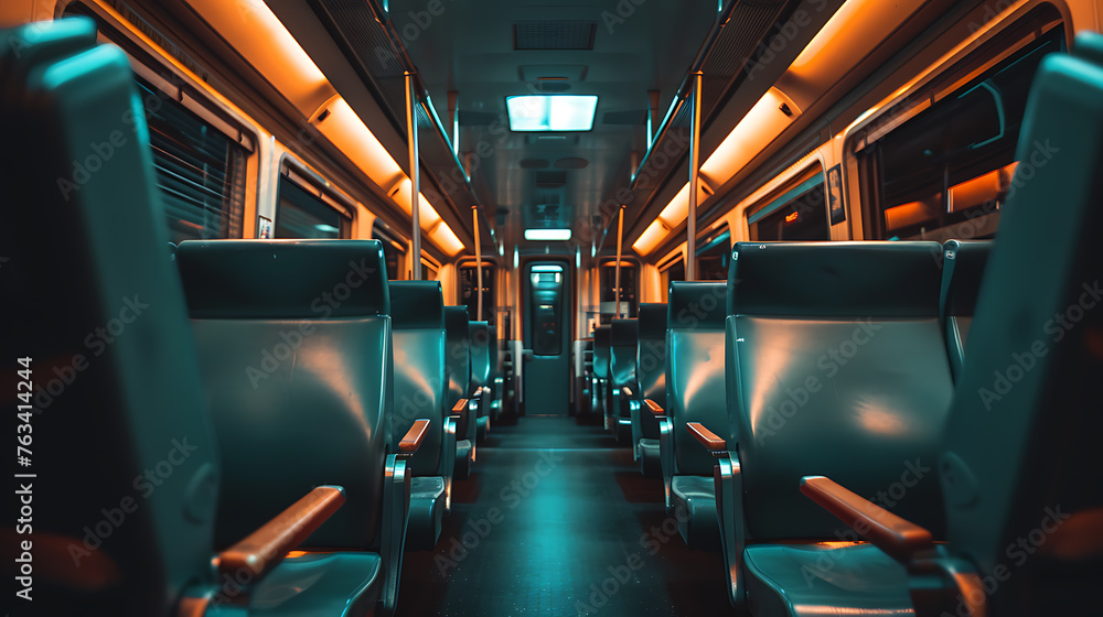 Fototapeta premium Interior of a train with empty seats. Toned image.