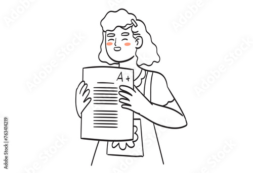 Success in education and learning concept. Smiling girl pupil stand holding in hands educational exam test with excellent result or grades. Schoolgirl feeling happy and cheerful. Vector illustration.