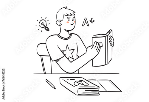 Child study line vector illustration. Cartoon isolated education scene with student, kid with happy cheerful face thinking, boy sitting at desk with books writing and reading, doing homework.
