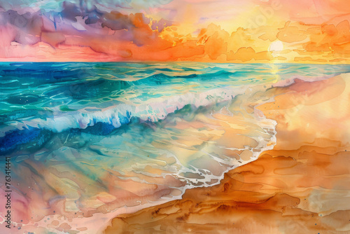 A watercolor painting of a beach with a sunset in the background