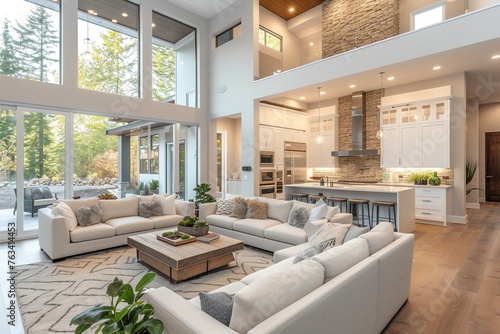 Beautiful living room and kitchen in new modern luxury home with open concept floor plan. Features waterfall island, hardwood floors, and large windows inviting natural light. #763414453