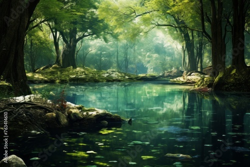 Tranquil forest glade with a crystal-clear pond reflecting the trees