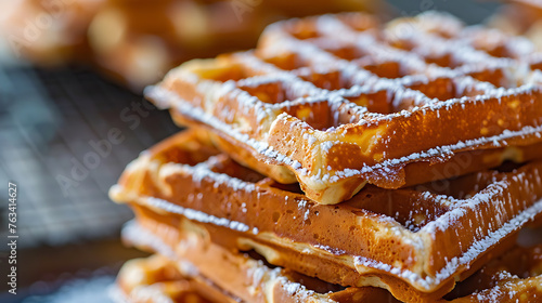 Belgian waffles sprinkled with powdered sugar on a wooden table.