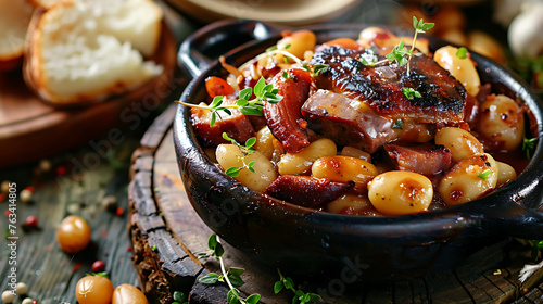 Braised pork with potatoes and thyme in a rustic style.