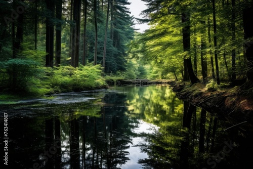 Serene river flowing through a vibrant green forest