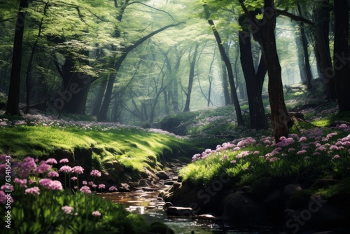 Serene stream flowing through a vibrant green forest