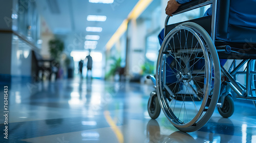Wheelchair in hospital corridor with people in background, shallow depth of field