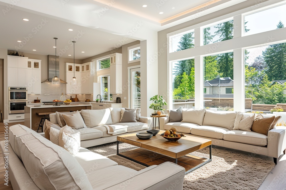 Foto de Beautiful living room interior in new luxury home with open ...
