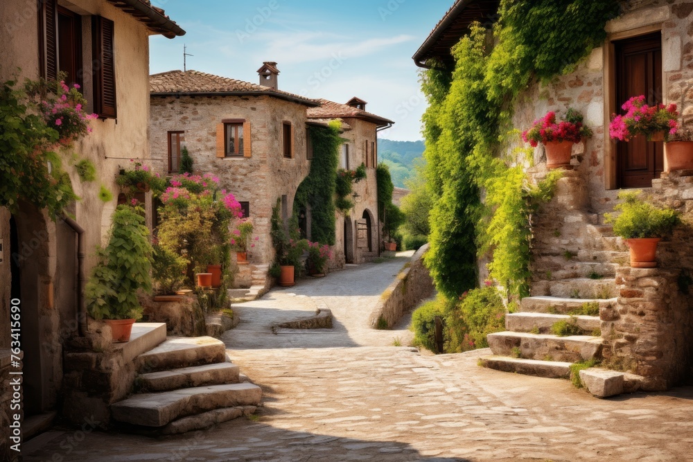 A road through a charming European village in the countryside