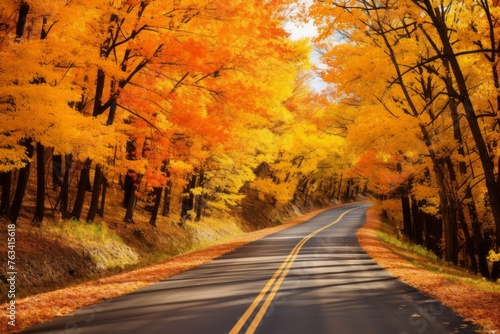 A road lined with vibrant autumn trees, creating a colorful canopy