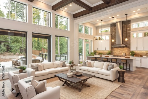 Beautiful living room interior in new luxury home with open concept floor plan. Shows kitchen, dining room, and wall of windows with amazing exterior