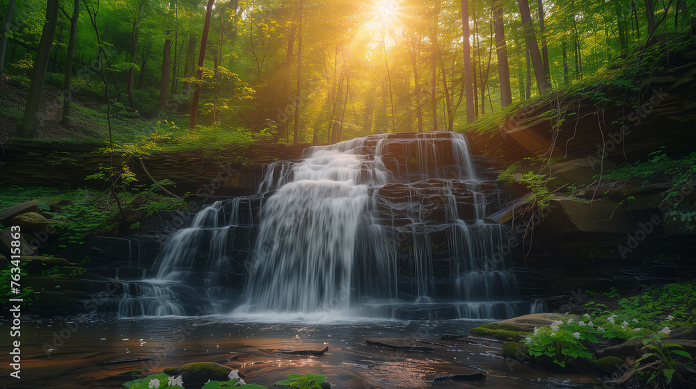 Beautiful, gorgeous spring landscape with a tranquil waterfall and blooming flowers in the foreground on a sunny day. Wallpaper. Beautiful, gorgeous spring landscape with a tranquil waterfall and blooming flowers in the foreground on a sunny day. Wallpaper.