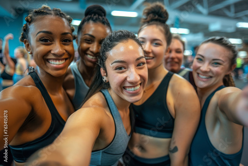 Group selfie of women of all fitness levels at diverse fitness class, healthy lifestyle concept.