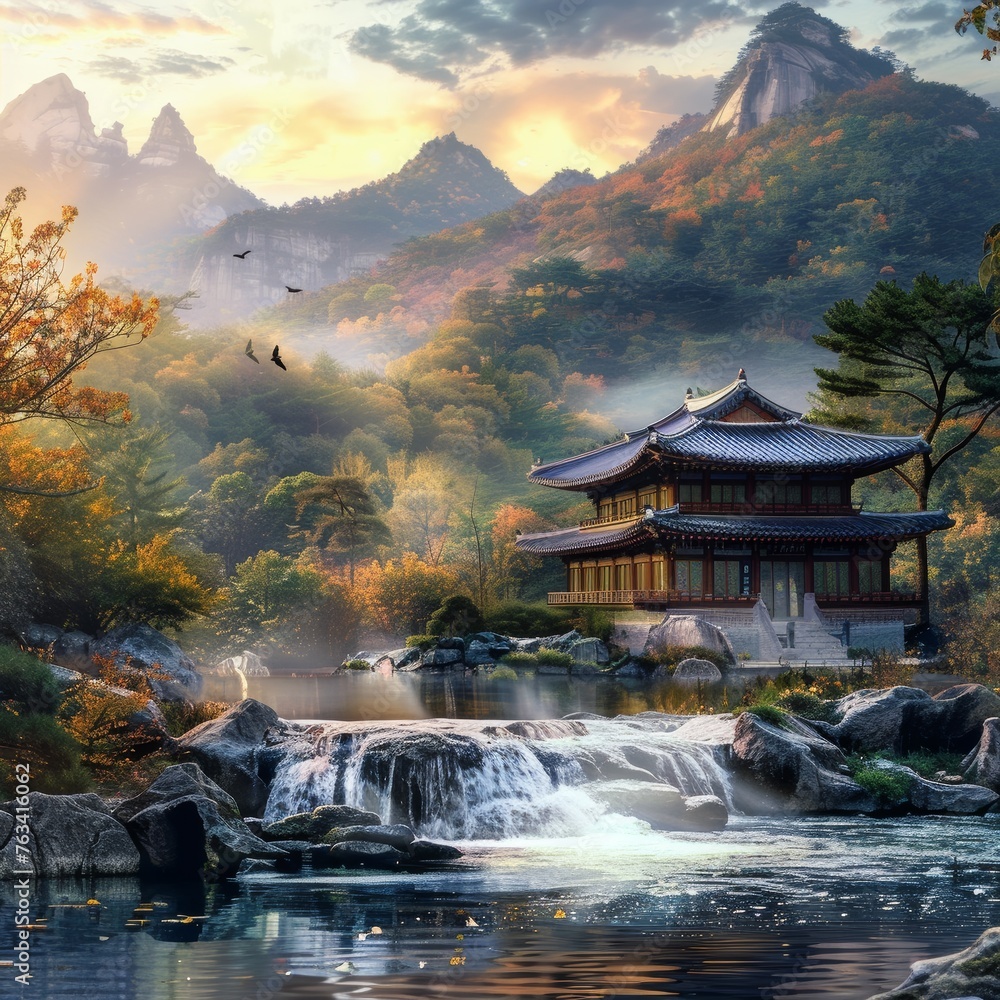 A fantastically beautiful landscape in the mountains with a pagoda.