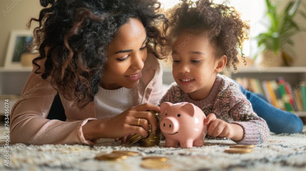 Mother showing child how to save with piggy bank. - obrazy, fototapety, plakaty 