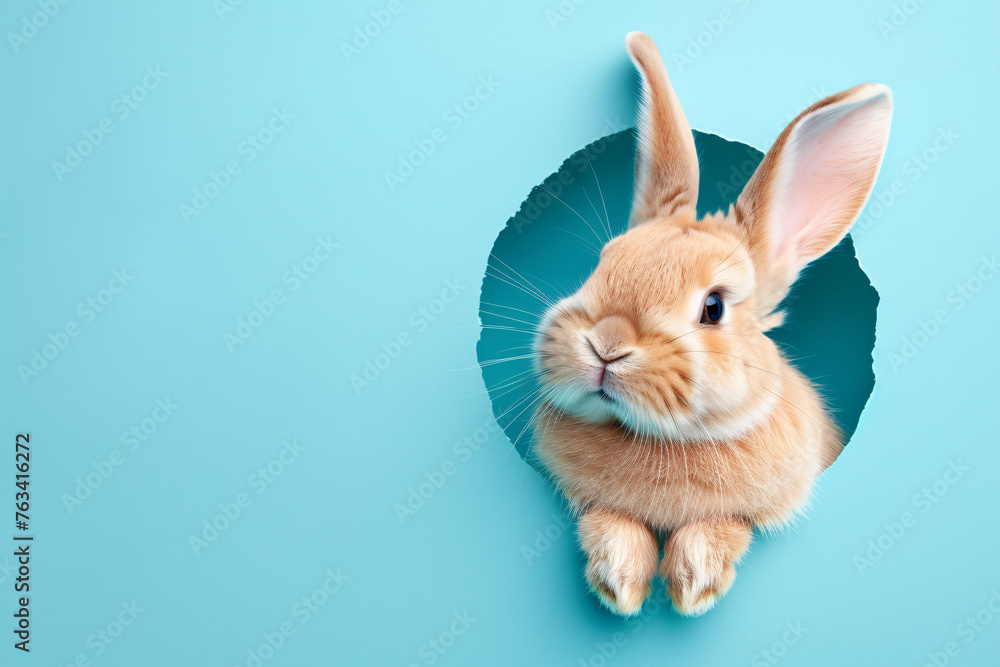 Fototapeta premium Lovely bunny rabbit pet peeping out from the hole on blue background, Easter holidays concept