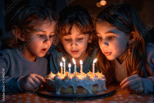 Three young children gaze with anticipation at a birthday cake, capturing a moment of childhood wonder and joy