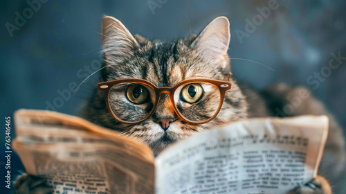 A cat wearing oversized human glasses and reading a newspaper upside down, with a look of intense concentration on its furry face super detailed