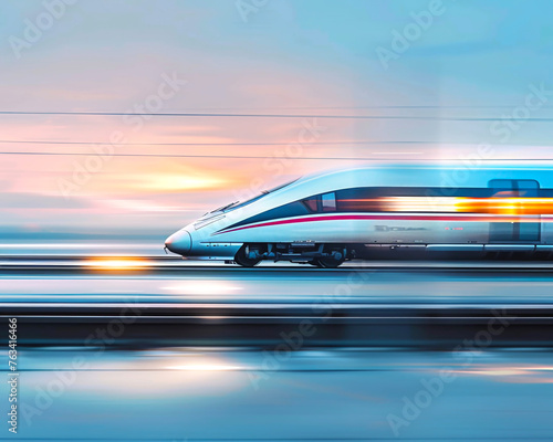 Highspeed train rushing through international borders, landscape blur, early morning, side view, seamless travel 8K resolution