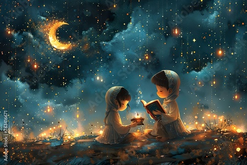Watercolor illustration for ramadan with two children in traditional attire reading a quran under a starry sky photo