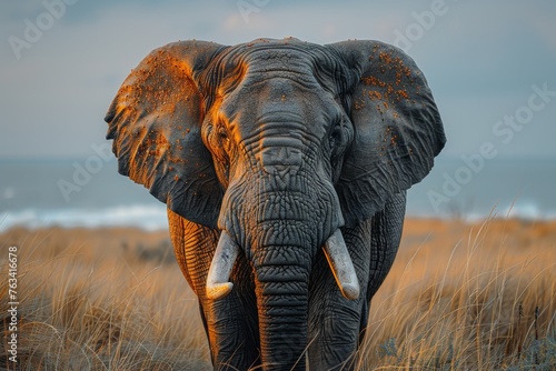 A peaceful elephant roams the grasslands with the warm glow of sunset illuminating its form, evoking freedom