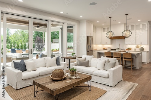 Beautiful living room interior with hardwood floors  view of kitchen and dining room in new luxury home