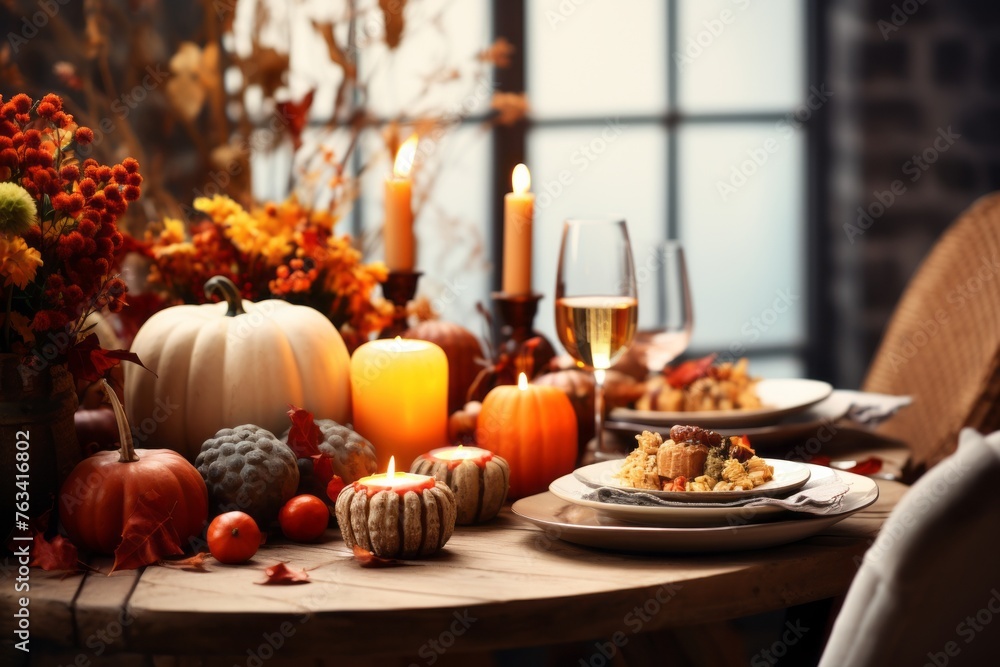 Autumn table setting mockup with candles, pumpkins, and fall foliage