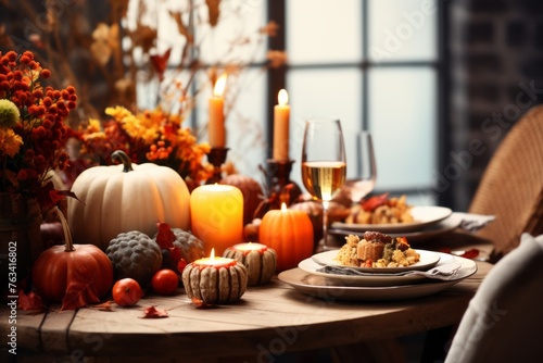 Autumn table setting mockup with candles, pumpkins, and fall foliage