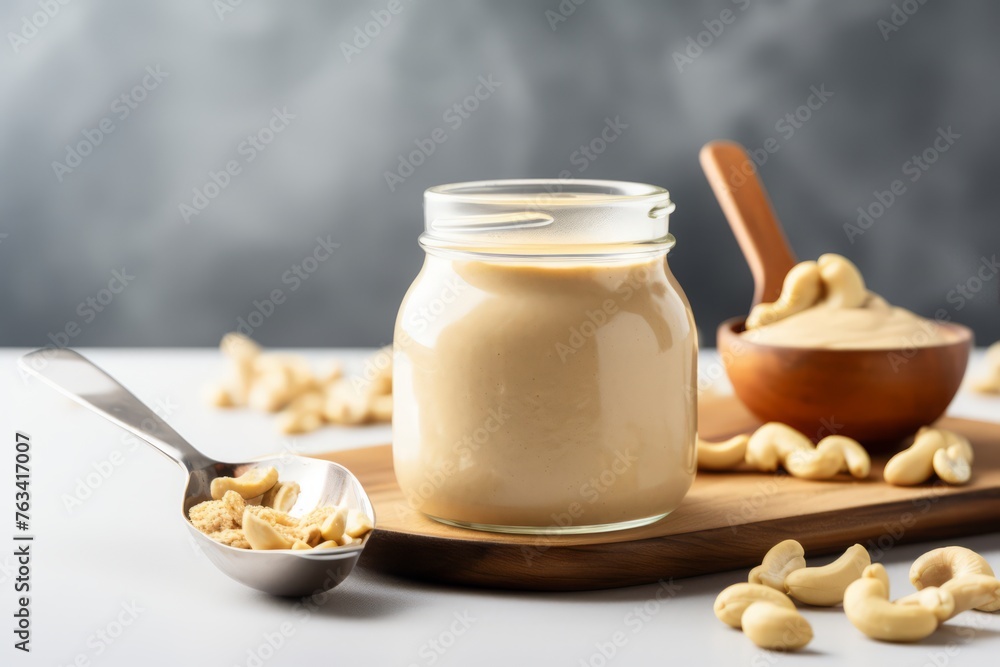 Cashew butter in a glass jar with a silver spoon Cashew butter in a glass jar with a silver spoon