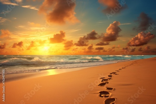Beachside sunset sky background with footprints in the sand