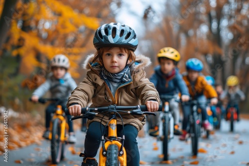A focused child cyclist leads friends on a bike adventure through an autumnal park with vibrant fall colors