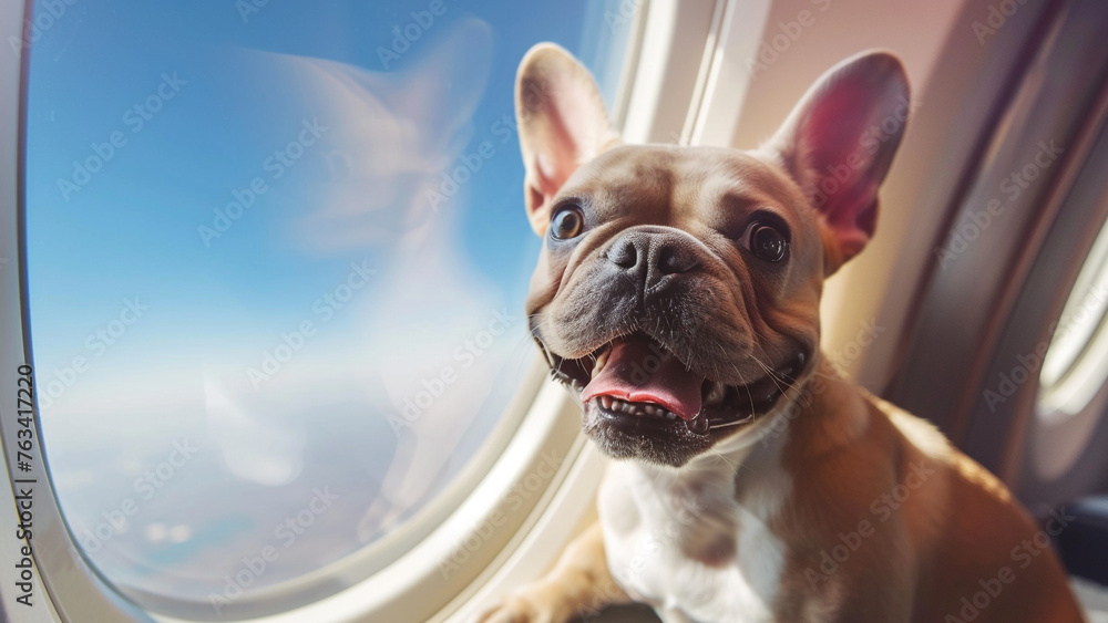 Happy French Bulldog sitting near the window on the airplane