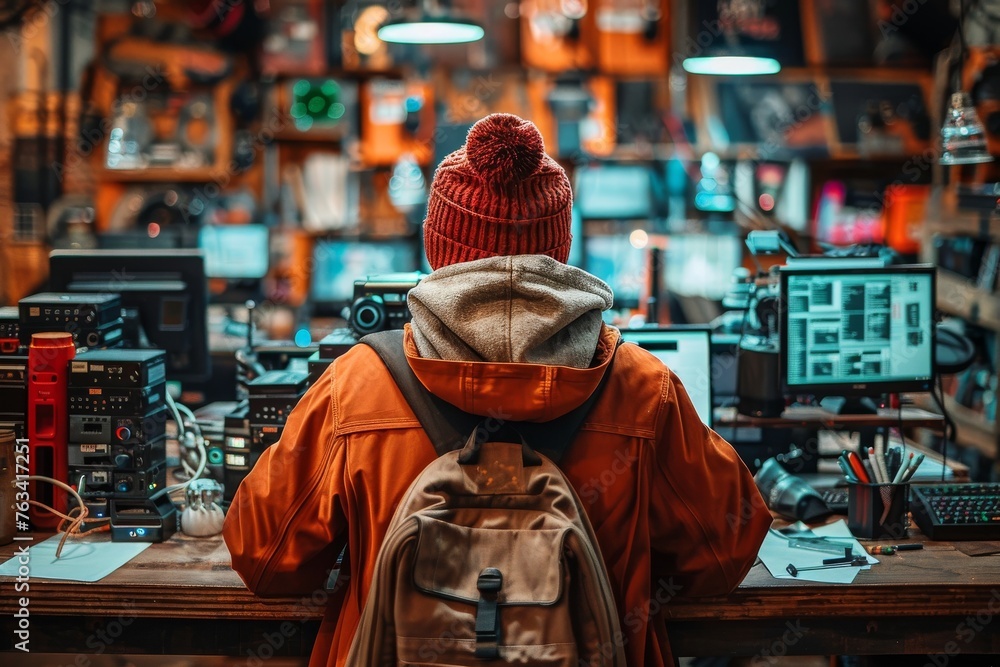 Obraz premium A person with a red beanie and orange jacket observing tech gadgets, creating a cozy tech enthusiast atmosphere