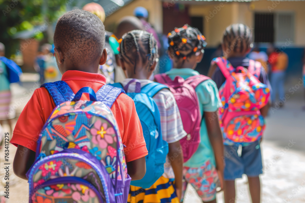 Obraz premium A group of children are walking down the street, each carrying a backpack, back to school concept