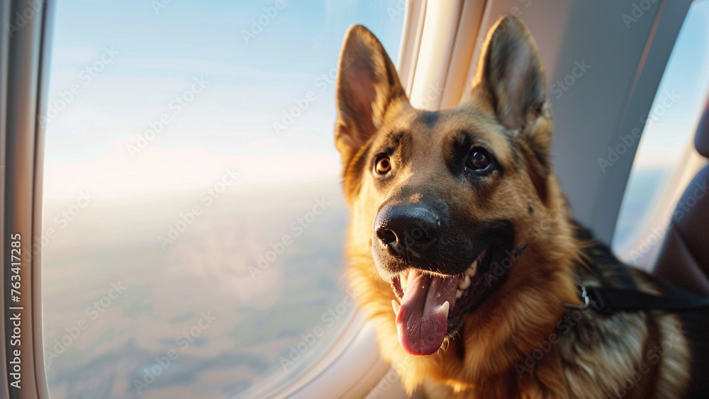 Happy Alsatian sitting near the window on the airplane