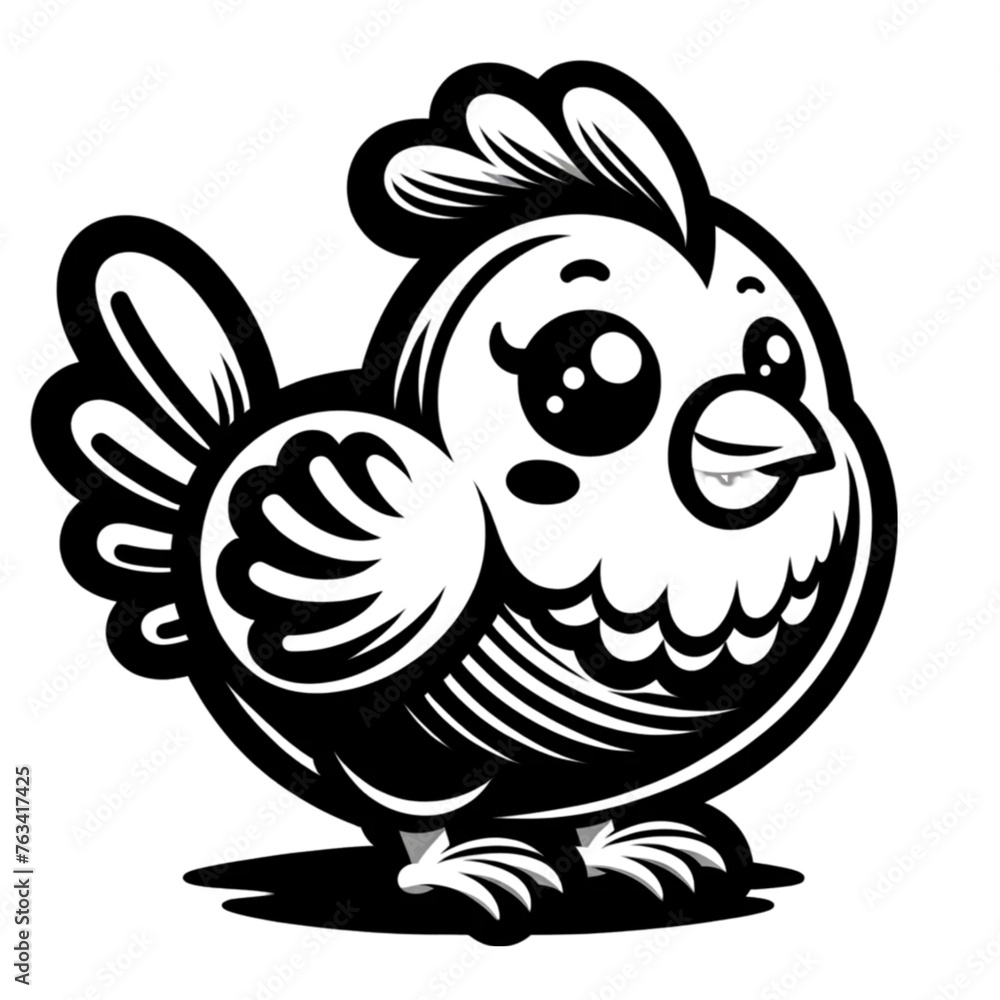Fototapeta premium A charming black and white illustration of a cartoon chicken with an adorable and expressive face, perfect for children's designs.