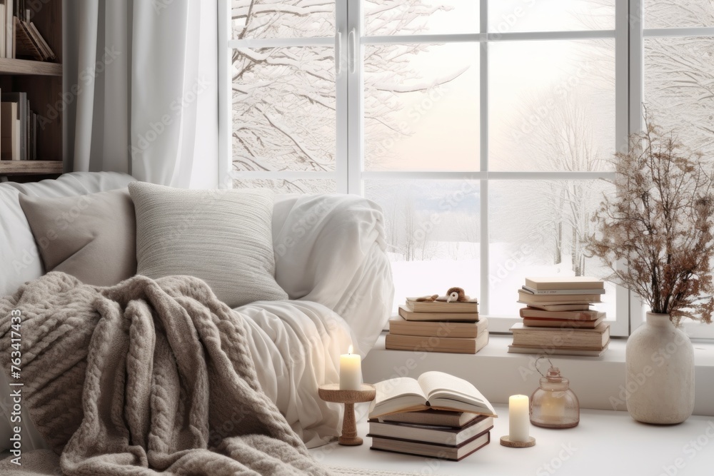 Fototapeta premium Cozy winter living room mockup with warm blankets, books, and snowy decor
