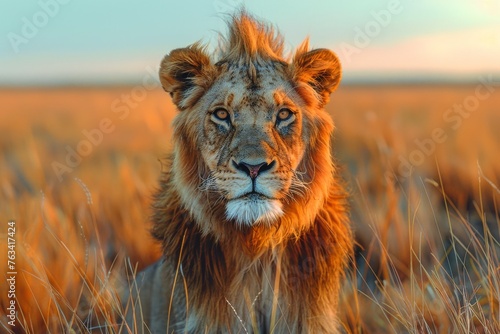 A majestic lion stares intently surrounded by the golden hues of the savannah at sunset, symbolizing royalty and the wild