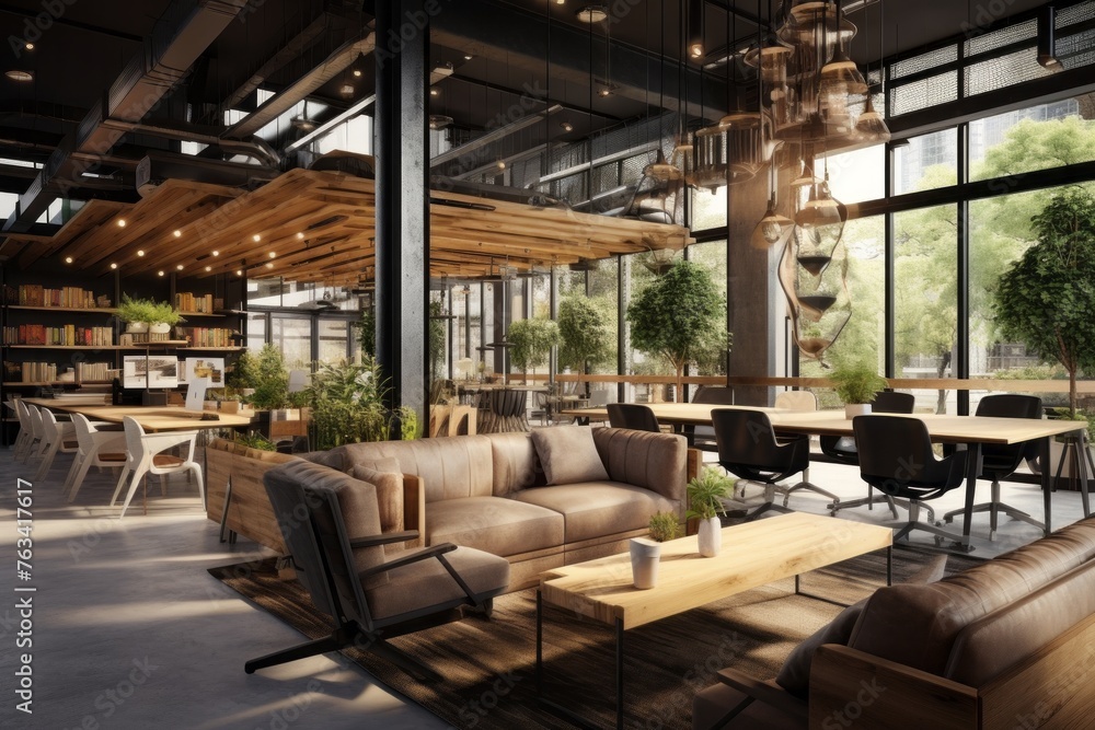 Inviting co-working space with a blend of natural wood and industrial materials Inviting co-working space with a blend of natural wood and industrial materials